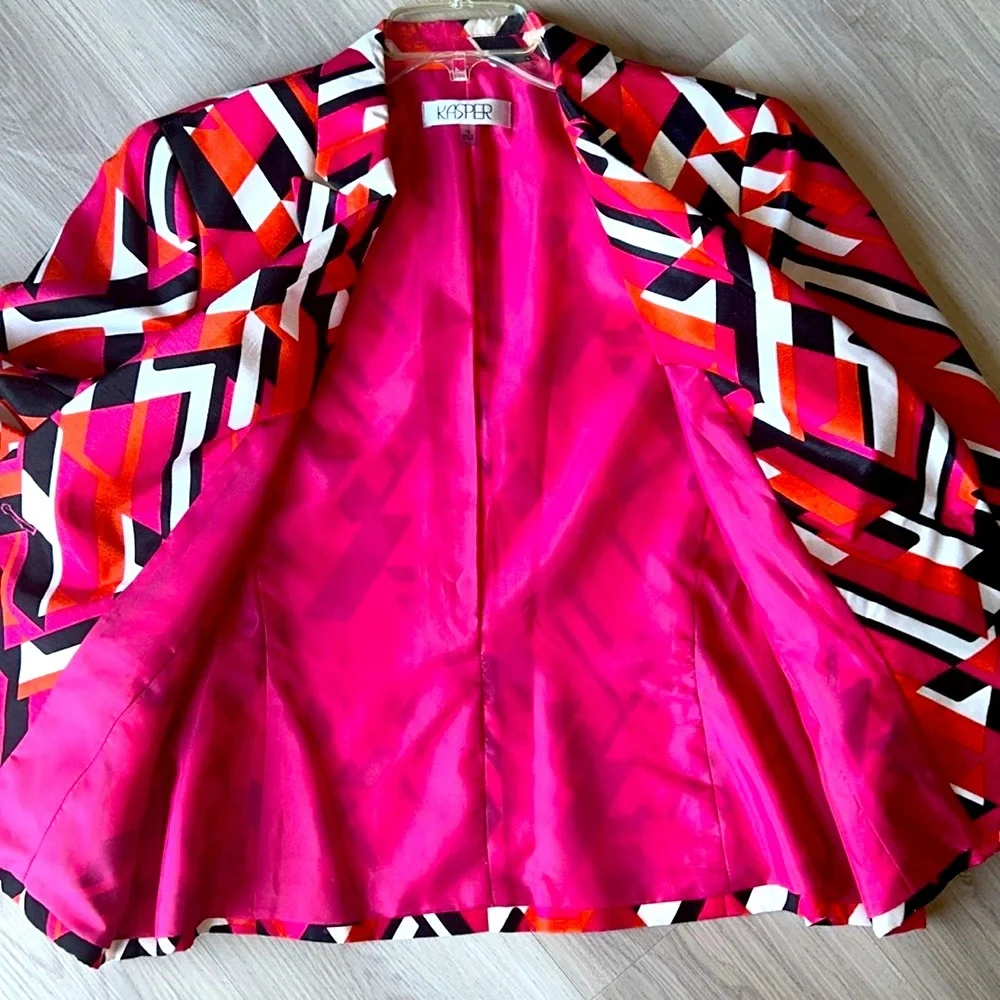 Kasper Women's Geometric Blazer Jacket 16 Pink Black Career Bold Tailored